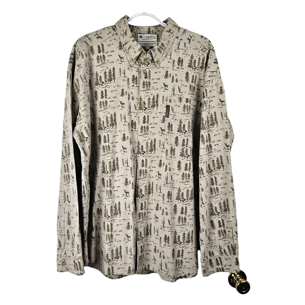 Columbia All Over Moose Tree Print Button Up Shirt Mens XL Pattern Hunt Nature
